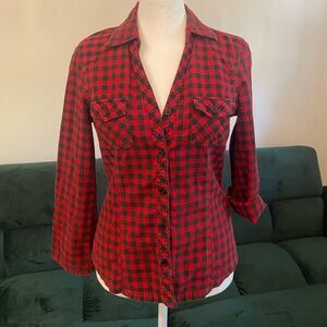 Red plaid flannel 3/4 sleeve lumberjack button shirt